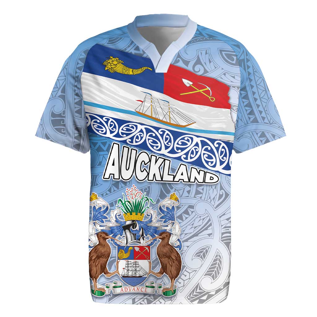 New Zealand Auckland Rugby Jersey Auckland's Flag and Coat of Arms - Koru Art Maori Pattern LT03 Light Blue - Polynesian Pride