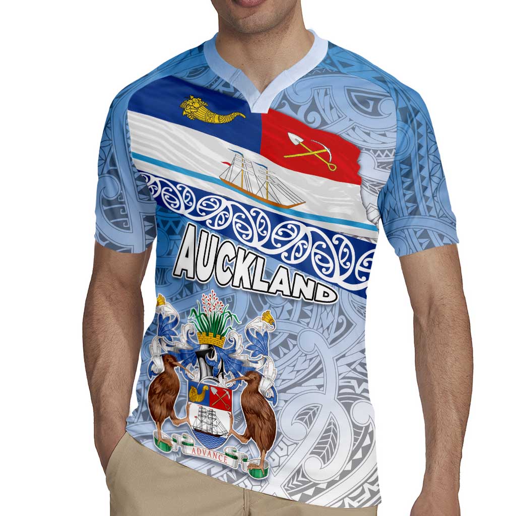 New Zealand Auckland Rugby Jersey Auckland's Flag and Coat of Arms - Koru Art Maori Pattern LT03 - Polynesian Pride