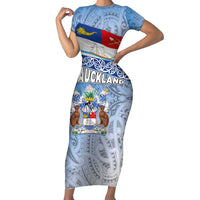 New Zealand Auckland Short Sleeve Bodycon Dress Auckland's Flag and Coat of Arms - Koru Art Maori Pattern LT03 Long Dress Light Blue - Polynesian Pride