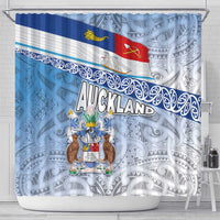 New Zealand Auckland Shower Curtain Auckland's Flag and Coat of Arms - Koru Art Maori Pattern LT03 - Polynesian Pride