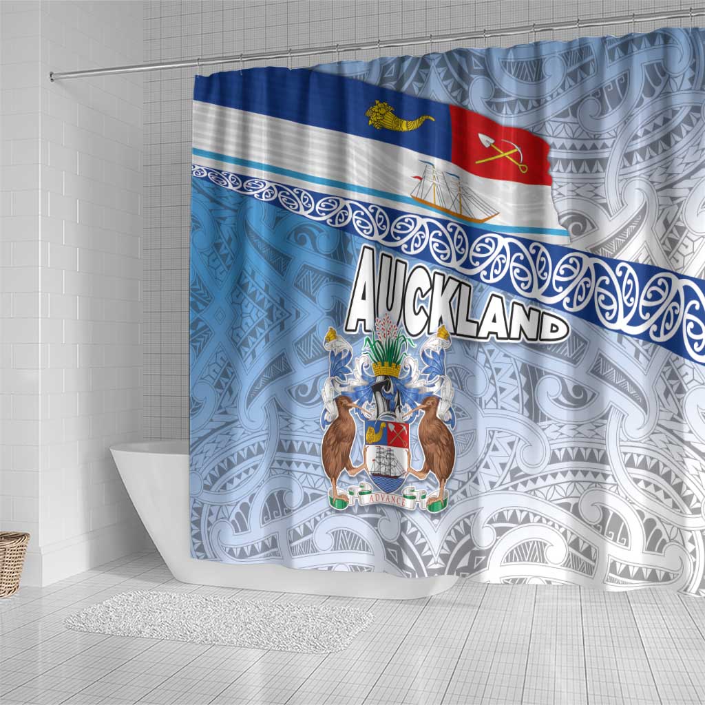 New Zealand Auckland Shower Curtain Auckland's Flag and Coat of Arms - Koru Art Maori Pattern LT03 - Polynesian Pride