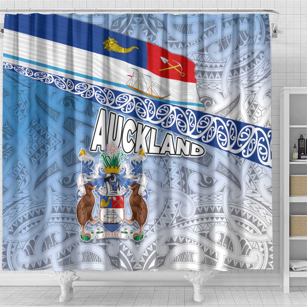 New Zealand Auckland Shower Curtain Auckland's Flag and Coat of Arms - Koru Art Maori Pattern LT03 - Polynesian Pride