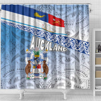 New Zealand Auckland Shower Curtain Auckland's Flag and Coat of Arms - Koru Art Maori Pattern LT03 - Polynesian Pride