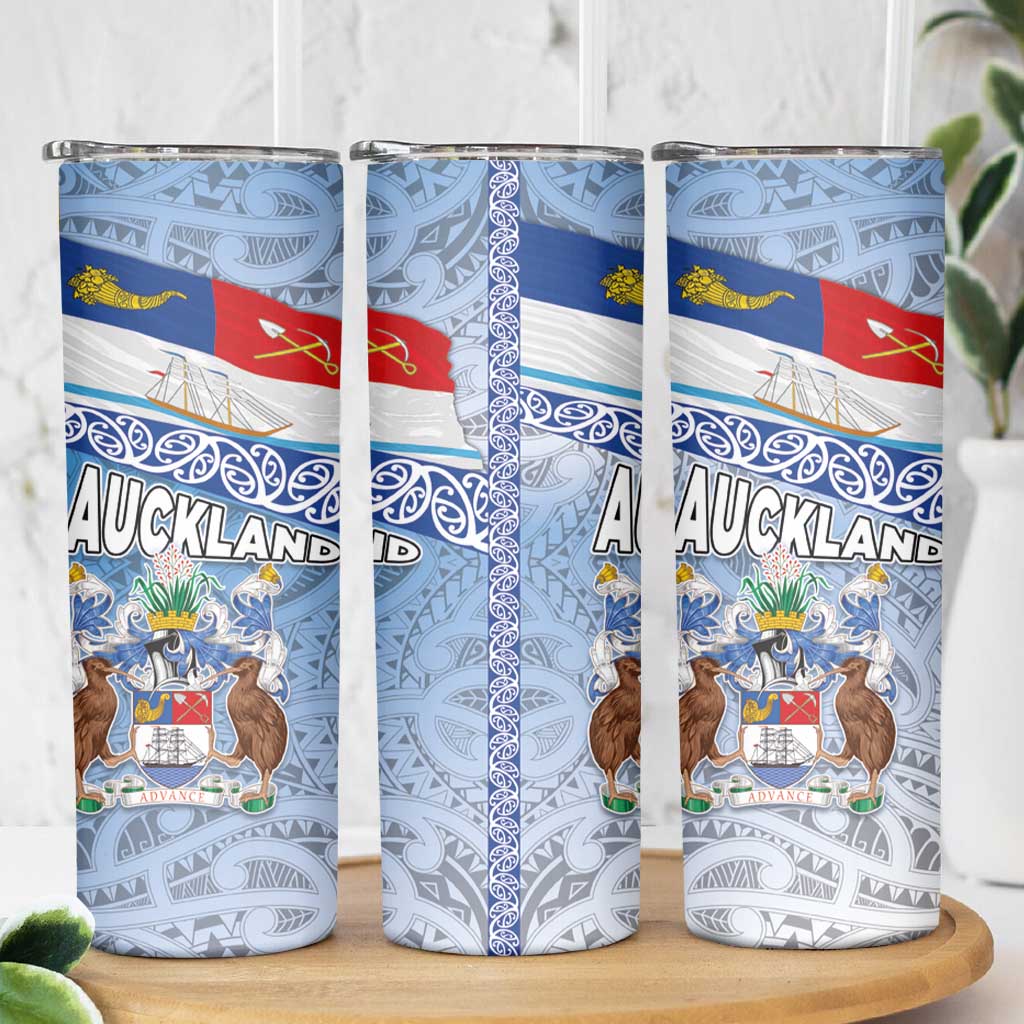 New Zealand Auckland Skinny Tumbler Auckland's Flag and Coat of Arms - Koru Art Maori Pattern LT03 - Polynesian Pride