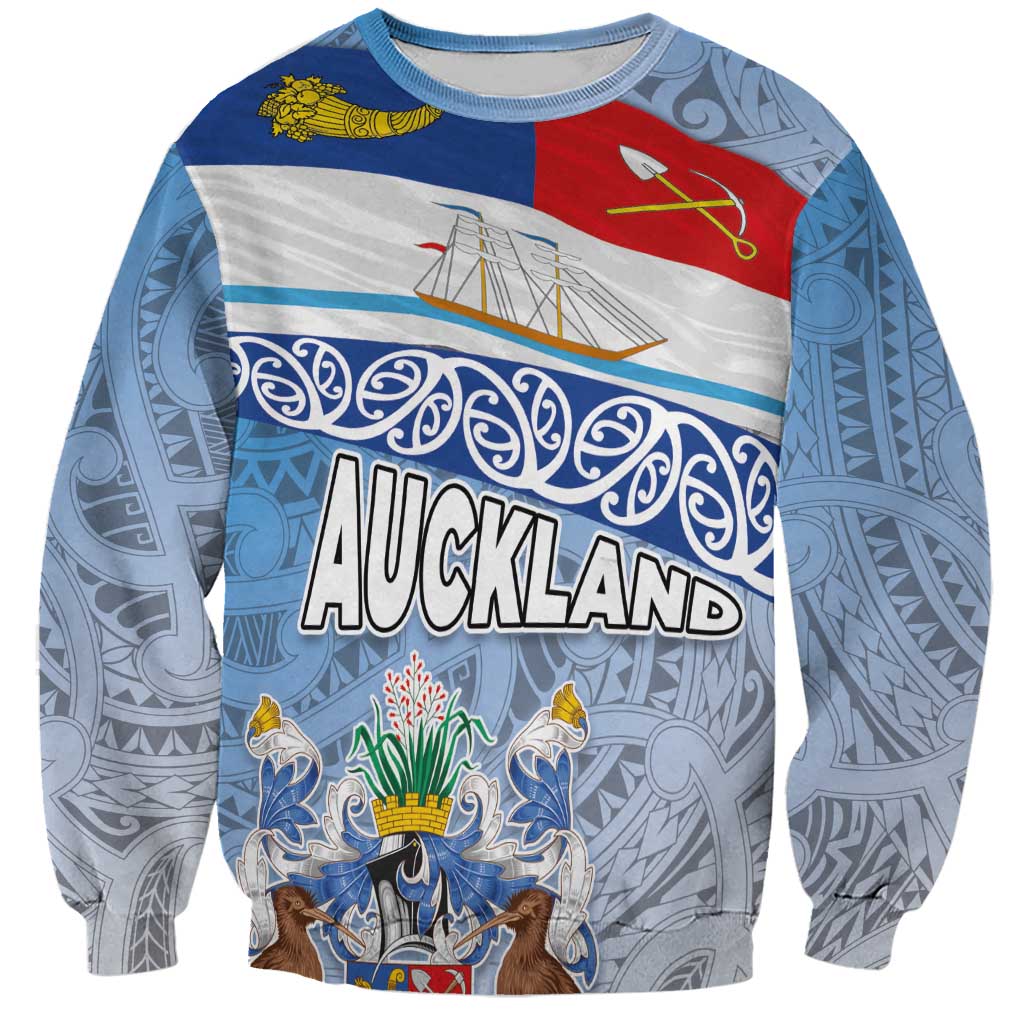 New Zealand Auckland Sweatshirt Auckland's Flag and Coat of Arms - Koru Art Maori Pattern LT03 Unisex Light Blue - Polynesian Pride