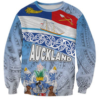 New Zealand Auckland Sweatshirt Auckland's Flag and Coat of Arms - Koru Art Maori Pattern LT03 Unisex Light Blue - Polynesian Pride