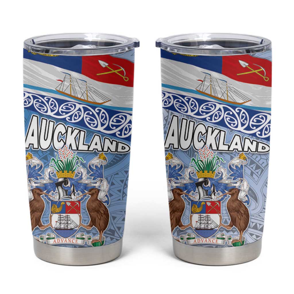 New Zealand Auckland Tumbler Cup Auckland's Flag and Coat of Arms - Koru Art Maori Pattern LT03 Light Blue - Polynesian Pride