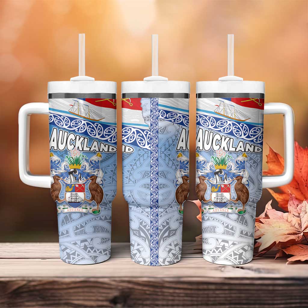 New Zealand Auckland Tumbler With Handle Auckland's Flag and Coat of Arms - Koru Art Maori Pattern LT03 - Polynesian Pride