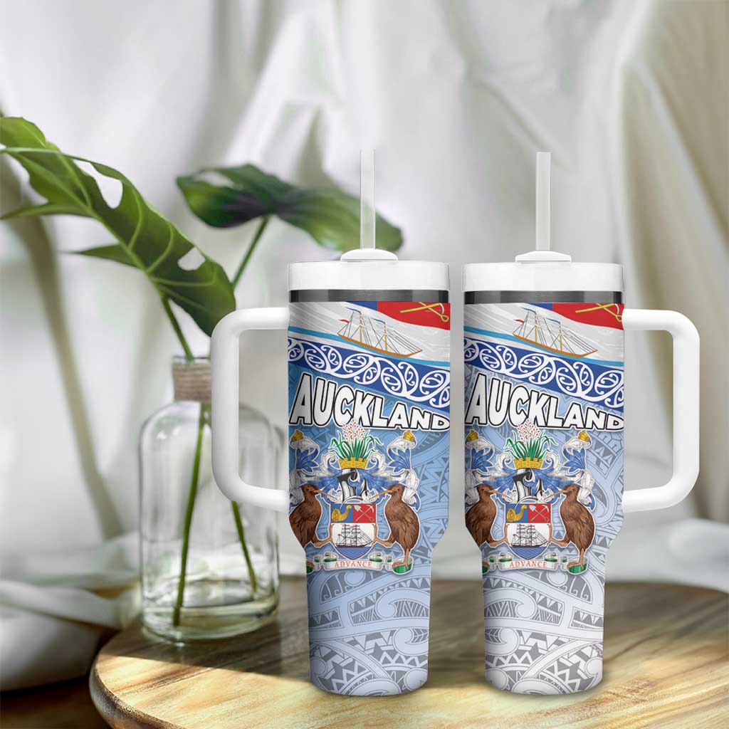 New Zealand Auckland Tumbler With Handle Auckland's Flag and Coat of Arms - Koru Art Maori Pattern LT03 - Polynesian Pride