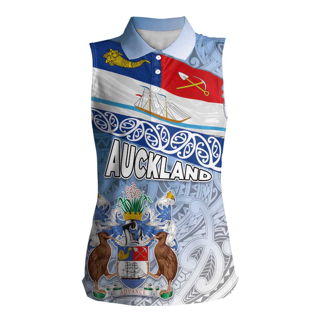 New Zealand Auckland Women Sleeveless Polo Shirt Auckland's Flag and Coat of Arms - Koru Art Maori Pattern LT03 Female Light Blue - Polynesian Pride