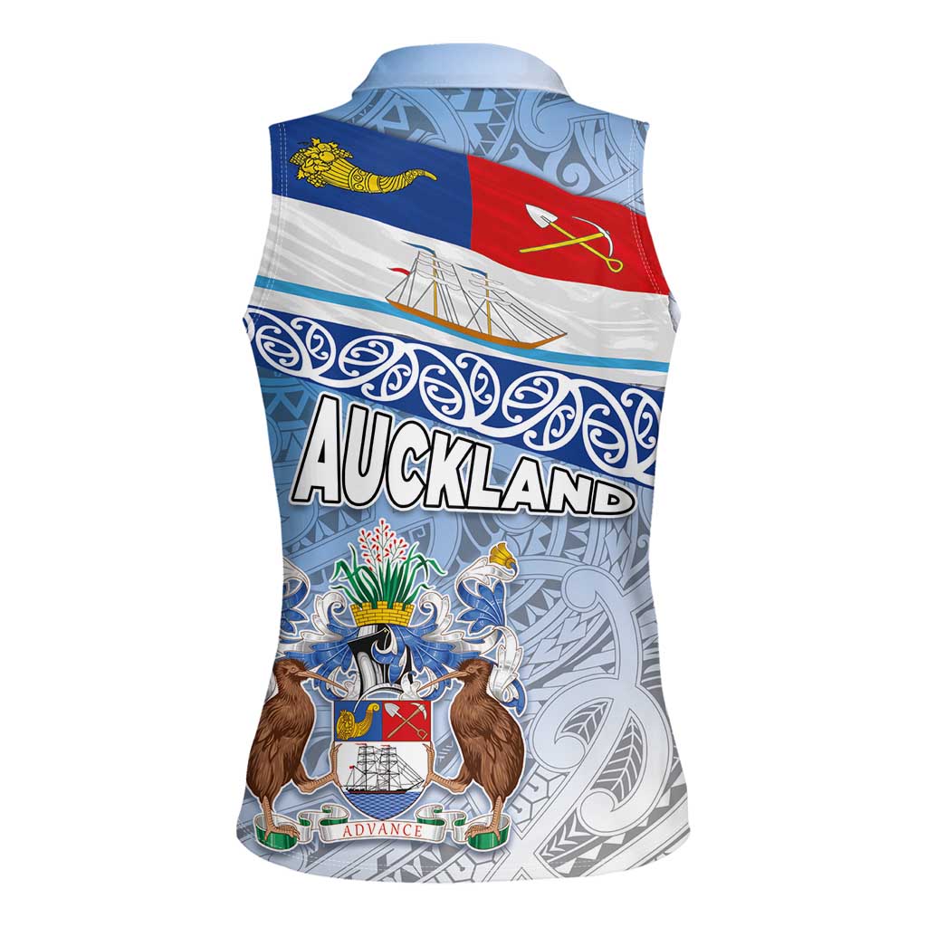 New Zealand Auckland Women Sleeveless Polo Shirt Auckland's Flag and Coat of Arms - Koru Art Maori Pattern LT03 - Polynesian Pride