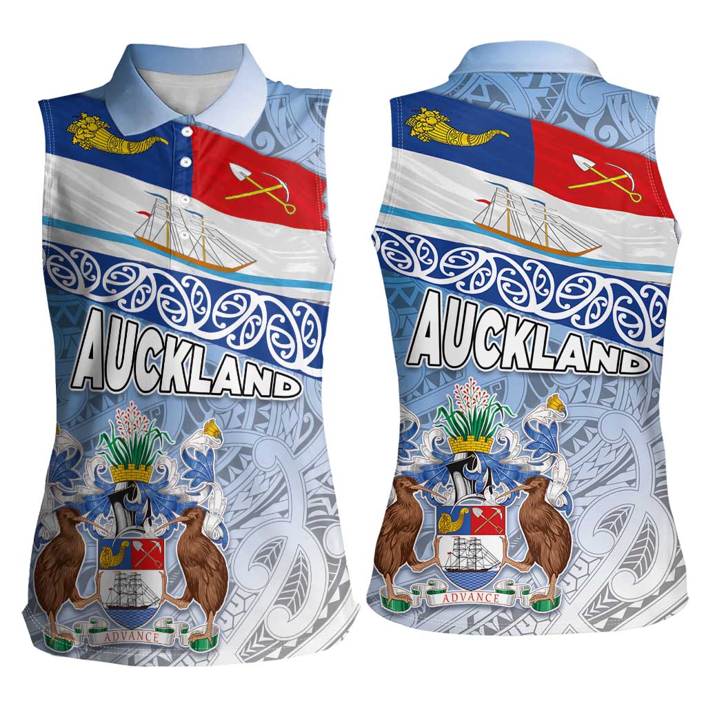 New Zealand Auckland Women Sleeveless Polo Shirt Auckland's Flag and Coat of Arms - Koru Art Maori Pattern LT03 - Polynesian Pride