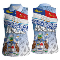 New Zealand Auckland Women Sleeveless Polo Shirt Auckland's Flag and Coat of Arms - Koru Art Maori Pattern LT03 - Polynesian Pride