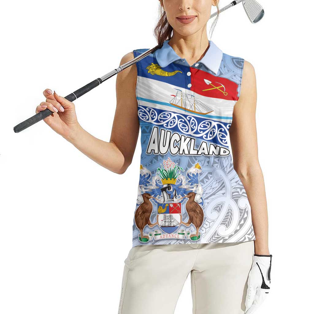 New Zealand Auckland Women Sleeveless Polo Shirt Auckland's Flag and Coat of Arms - Koru Art Maori Pattern LT03 - Polynesian Pride