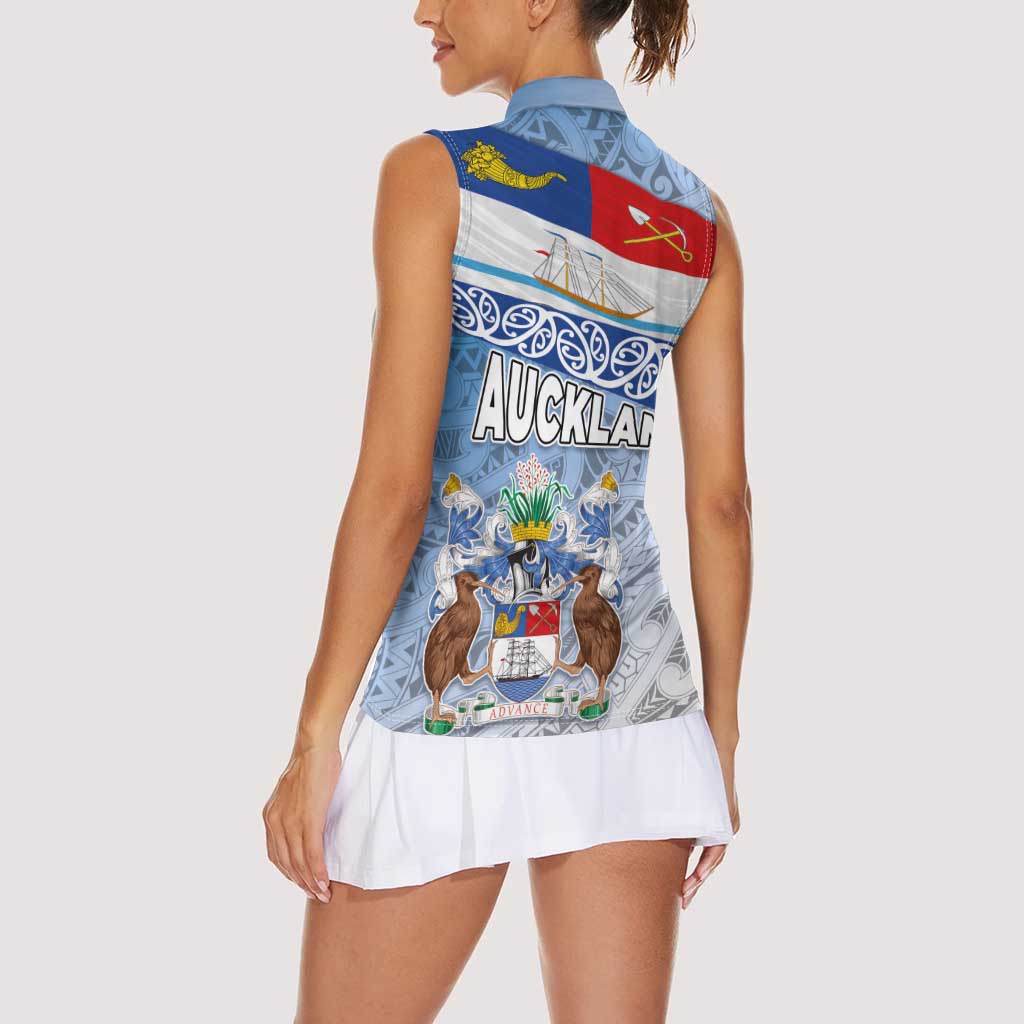 New Zealand Auckland Women Sleeveless Polo Shirt Auckland's Flag and Coat of Arms - Koru Art Maori Pattern LT03 - Polynesian Pride