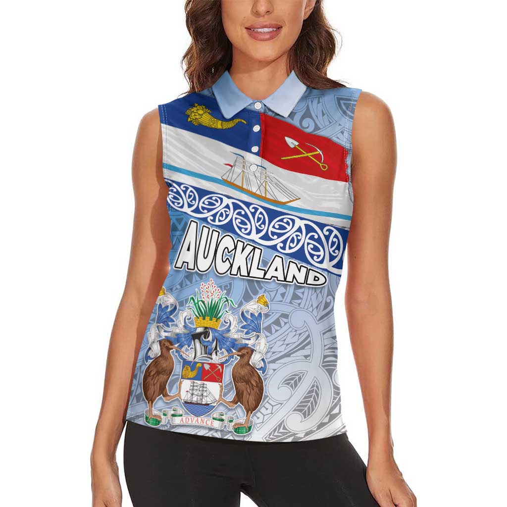 New Zealand Auckland Women Sleeveless Polo Shirt Auckland's Flag and Coat of Arms - Koru Art Maori Pattern LT03 - Polynesian Pride