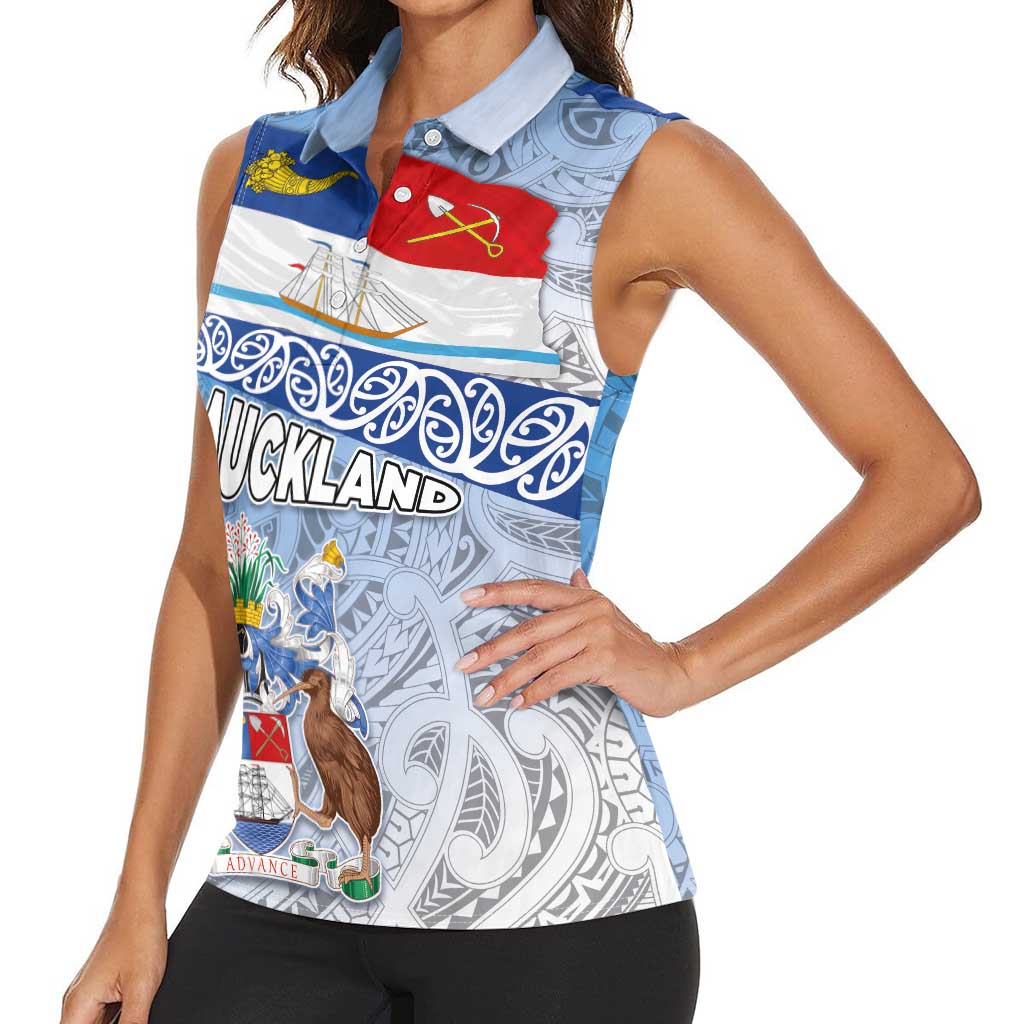 New Zealand Auckland Women Sleeveless Polo Shirt Auckland's Flag and Coat of Arms - Koru Art Maori Pattern LT03 - Polynesian Pride