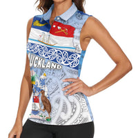 New Zealand Auckland Women Sleeveless Polo Shirt Auckland's Flag and Coat of Arms - Koru Art Maori Pattern LT03 - Polynesian Pride