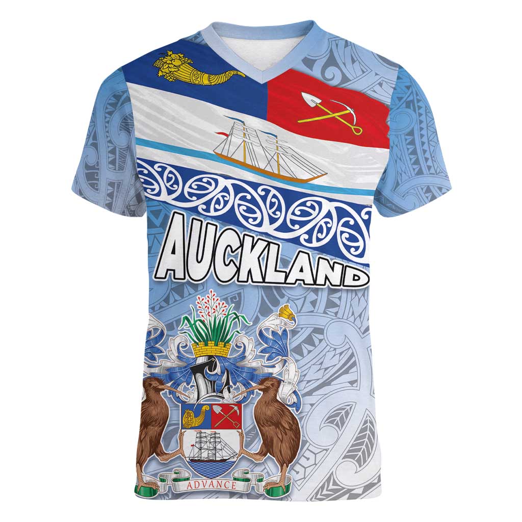 New Zealand Auckland Women V-Neck T-Shirt Auckland's Flag and Coat of Arms - Koru Art Maori Pattern LT03 Female Light Blue - Polynesian Pride