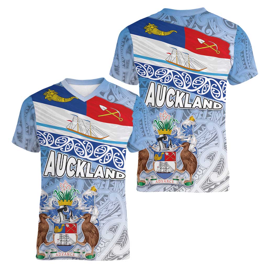 New Zealand Auckland Women V-Neck T-Shirt Auckland's Flag and Coat of Arms - Koru Art Maori Pattern LT03 - Polynesian Pride