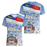 New Zealand Auckland Women V-Neck T-Shirt Auckland's Flag and Coat of Arms - Koru Art Maori Pattern LT03 - Polynesian Pride