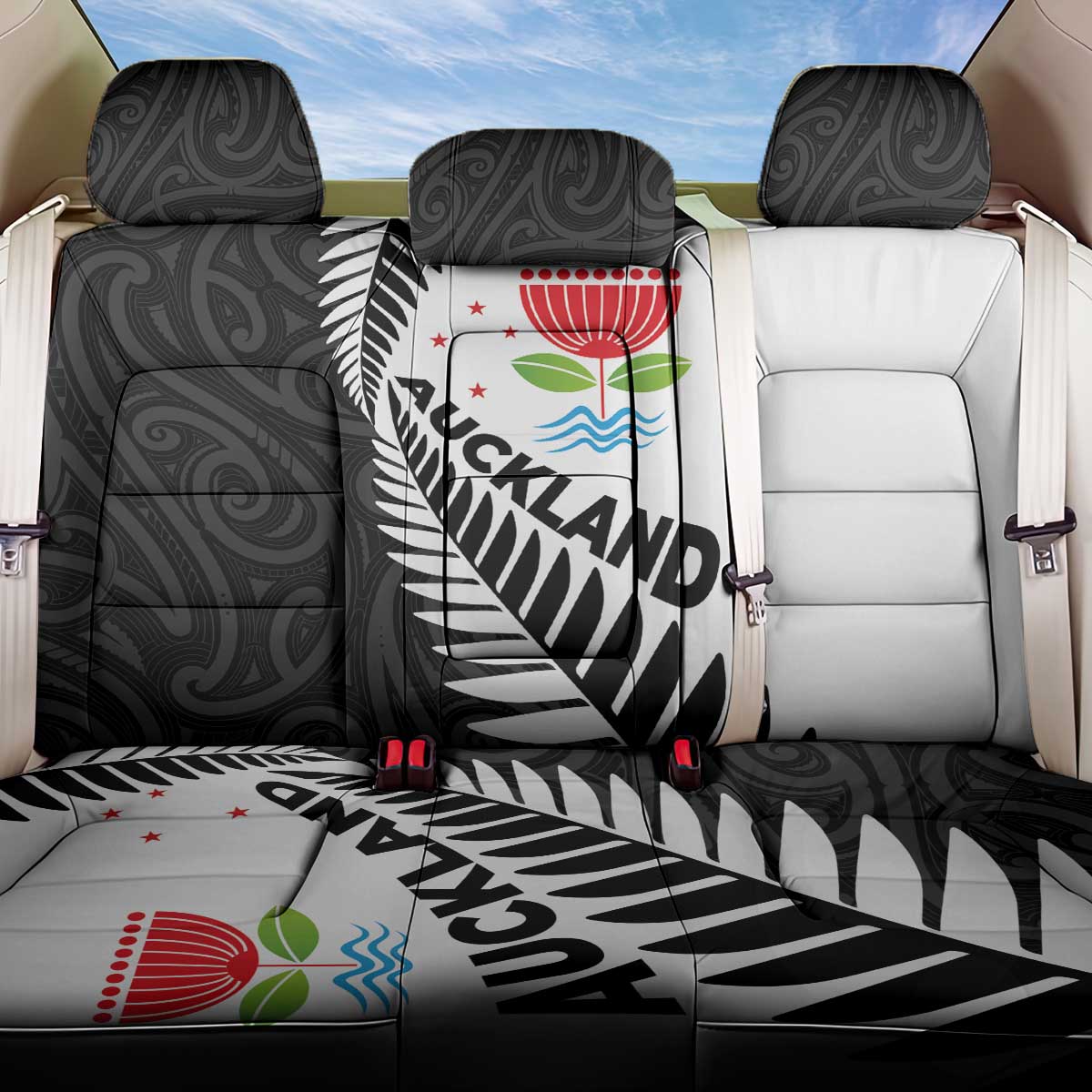 New Zealand Auckland Back Car Seat Cover Auckland's Emblem and Silver Ferns - Maori Art Tattoo LT03 One Size Light Blue - Polynesian Pride