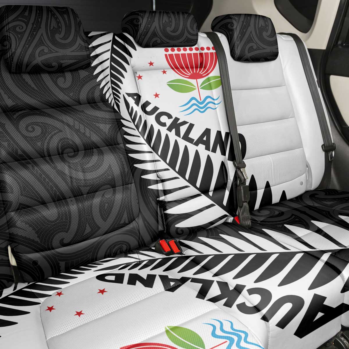 New Zealand Auckland Back Car Seat Cover Auckland's Emblem and Silver Ferns - Maori Art Tattoo LT03 - Polynesian Pride