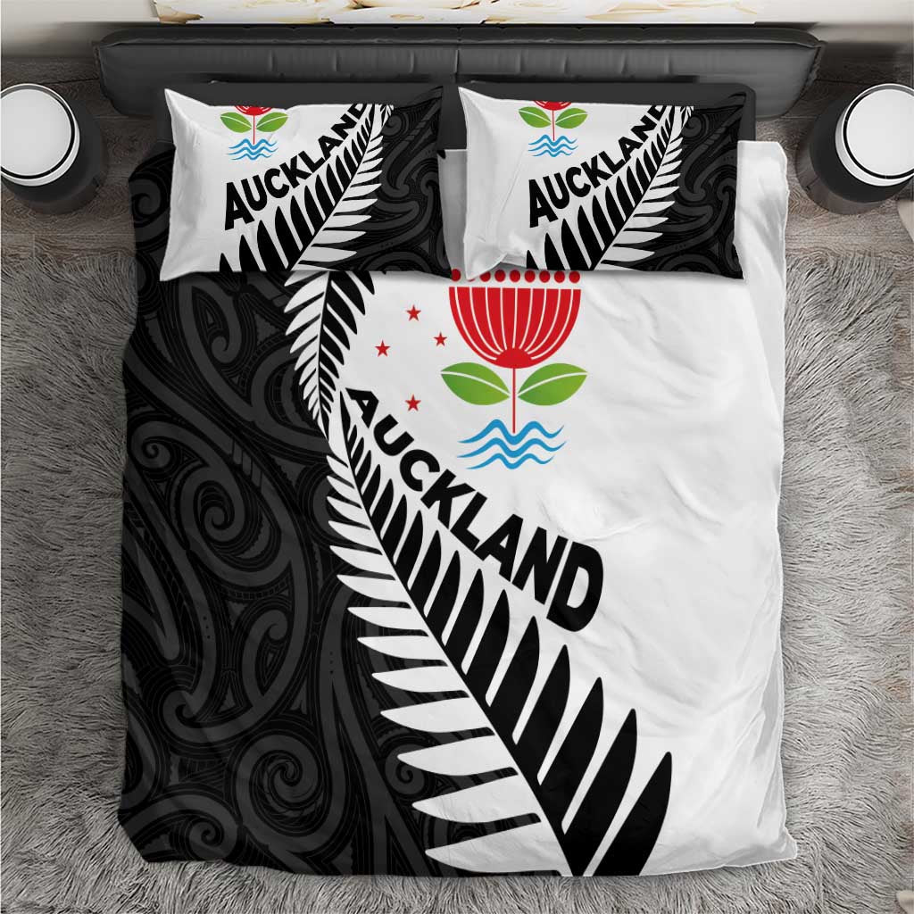 New Zealand Auckland Bedding Set Auckland's Emblem and Silver Ferns - Maori Art Tattoo LT03 Light Blue - Polynesian Pride