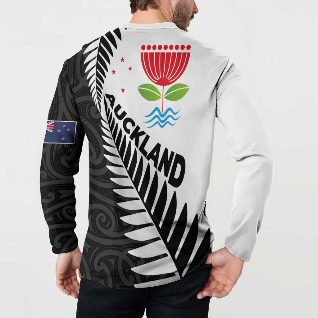 New Zealand Auckland Button Sweatshirt Auckland's Emblem and Silver Ferns - Maori Art Tattoo LT03 - Polynesian Pride