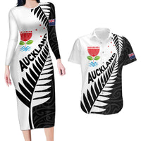 New Zealand Auckland Couples Matching Long Sleeve Bodycon Dress and Hawaiian Shirt Auckland's Emblem and Silver Ferns - Maori Art Tattoo LT03 Light Blue - Polynesian Pride