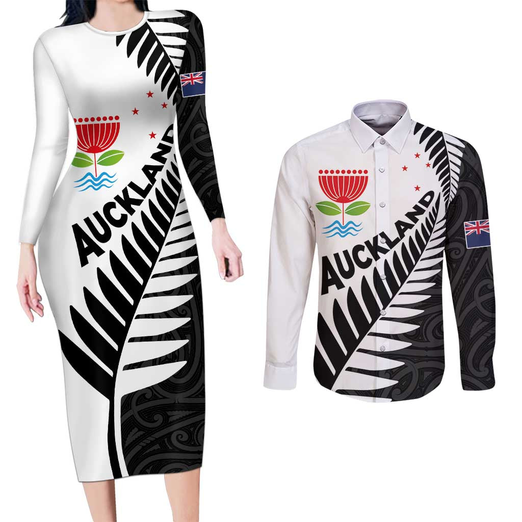 New Zealand Auckland Couples Matching Long Sleeve Bodycon Dress and Long Sleeve Button Shirt Auckland's Emblem and Silver Ferns - Maori Art Tattoo LT03 Light Blue - Polynesian Pride