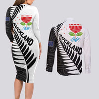 New Zealand Auckland Couples Matching Long Sleeve Bodycon Dress and Long Sleeve Button Shirt Auckland's Emblem and Silver Ferns - Maori Art Tattoo LT03 - Polynesian Pride