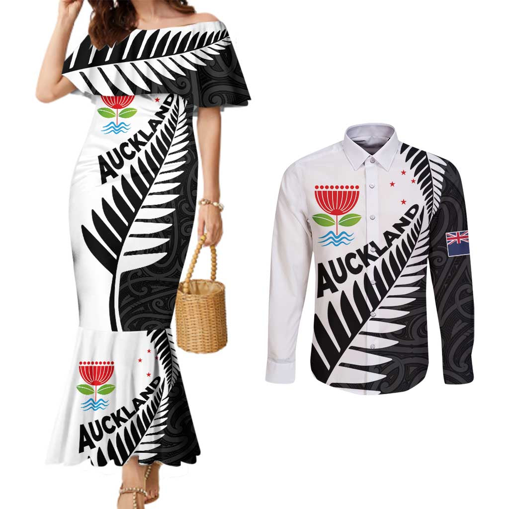 New Zealand Auckland Couples Matching Mermaid Dress and Long Sleeve Button Shirt Auckland's Emblem and Silver Ferns - Maori Art Tattoo LT03 Light Blue - Polynesian Pride