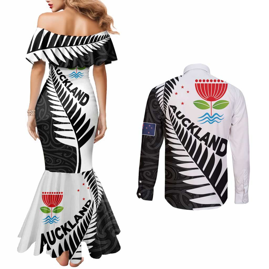 New Zealand Auckland Couples Matching Mermaid Dress and Long Sleeve Button Shirt Auckland's Emblem and Silver Ferns - Maori Art Tattoo LT03 - Polynesian Pride