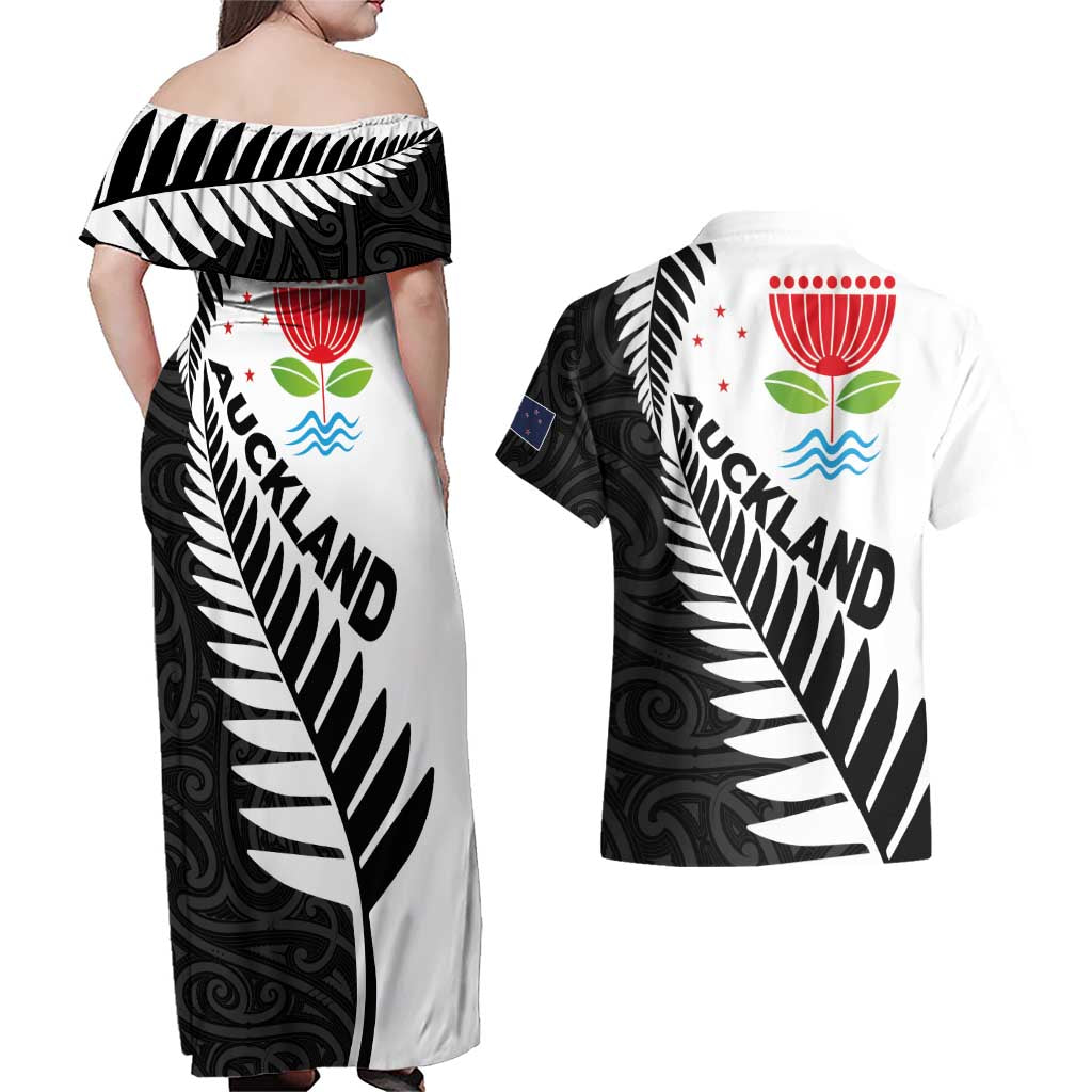 New Zealand Auckland Couples Matching Off Shoulder Maxi Dress and Hawaiian Shirt Auckland's Emblem and Silver Ferns - Maori Art Tattoo LT03 - Polynesian Pride