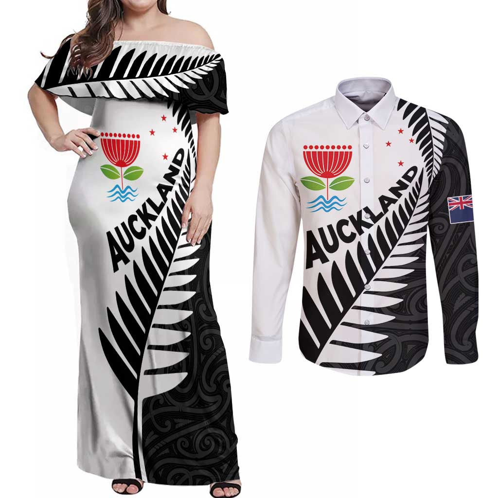 New Zealand Auckland Couples Matching Off Shoulder Maxi Dress and Long Sleeve Button Shirt Auckland's Emblem and Silver Ferns - Maori Art Tattoo LT03 Light Blue - Polynesian Pride