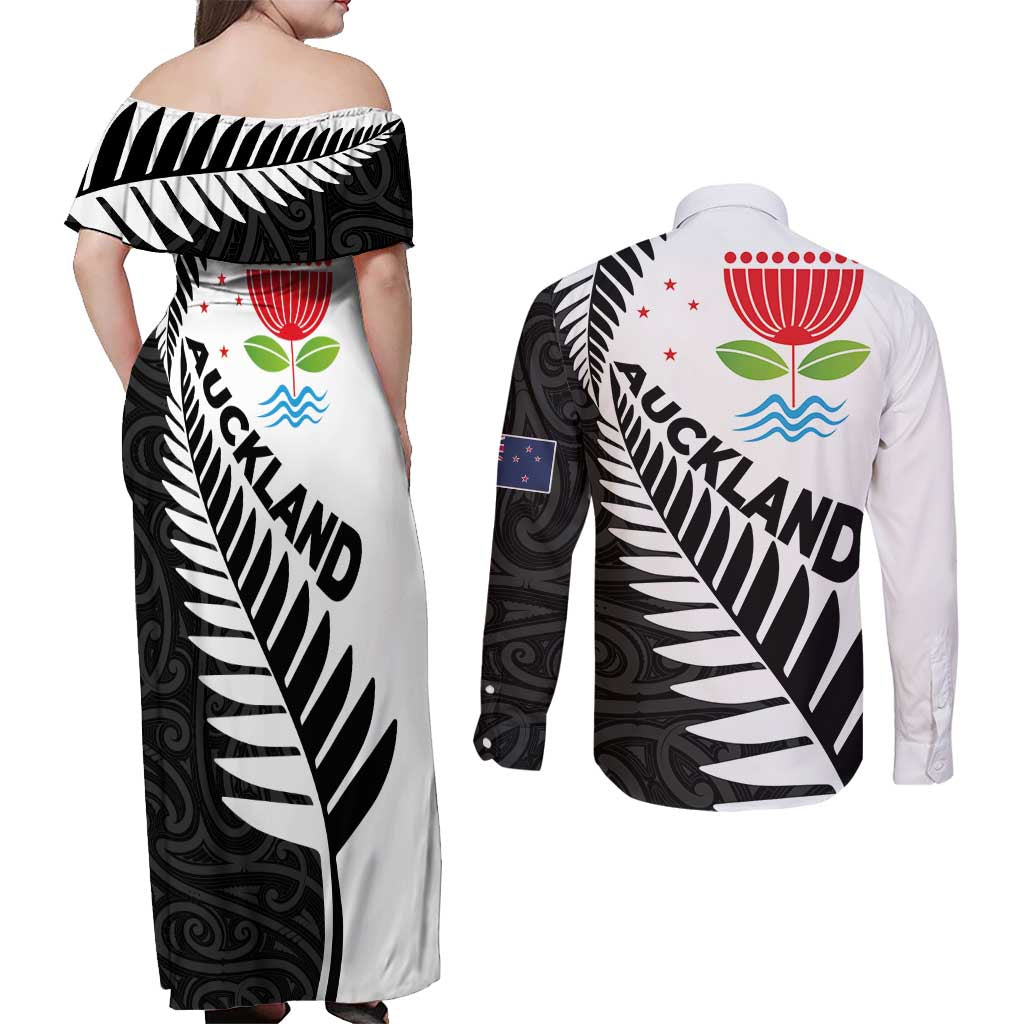 New Zealand Auckland Couples Matching Off Shoulder Maxi Dress and Long Sleeve Button Shirt Auckland's Emblem and Silver Ferns - Maori Art Tattoo LT03 - Polynesian Pride