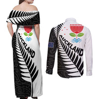 New Zealand Auckland Couples Matching Off Shoulder Maxi Dress and Long Sleeve Button Shirt Auckland's Emblem and Silver Ferns - Maori Art Tattoo LT03 - Polynesian Pride