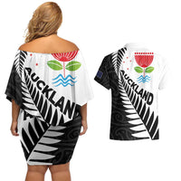 New Zealand Auckland Couples Matching Off Shoulder Short Dress and Hawaiian Shirt Auckland's Emblem and Silver Ferns - Maori Art Tattoo LT03 - Polynesian Pride