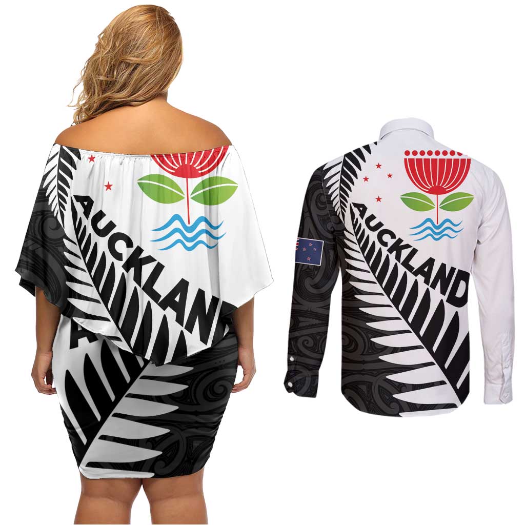 New Zealand Auckland Couples Matching Off Shoulder Short Dress and Long Sleeve Button Shirt Auckland's Emblem and Silver Ferns - Maori Art Tattoo LT03 - Polynesian Pride