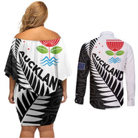 New Zealand Auckland Couples Matching Off Shoulder Short Dress and Long Sleeve Button Shirt Auckland's Emblem and Silver Ferns - Maori Art Tattoo LT03 - Polynesian Pride