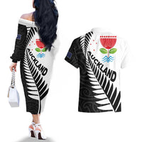 New Zealand Auckland Couples Matching Off The Shoulder Long Sleeve Dress and Hawaiian Shirt Auckland's Emblem and Silver Ferns - Maori Art Tattoo LT03 - Polynesian Pride