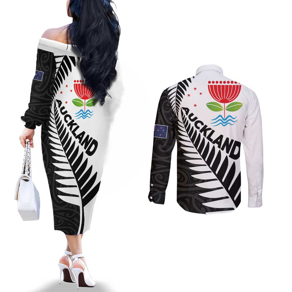 New Zealand Auckland Couples Matching Off The Shoulder Long Sleeve Dress and Long Sleeve Button Shirt Auckland's Emblem and Silver Ferns - Maori Art Tattoo LT03 - Polynesian Pride