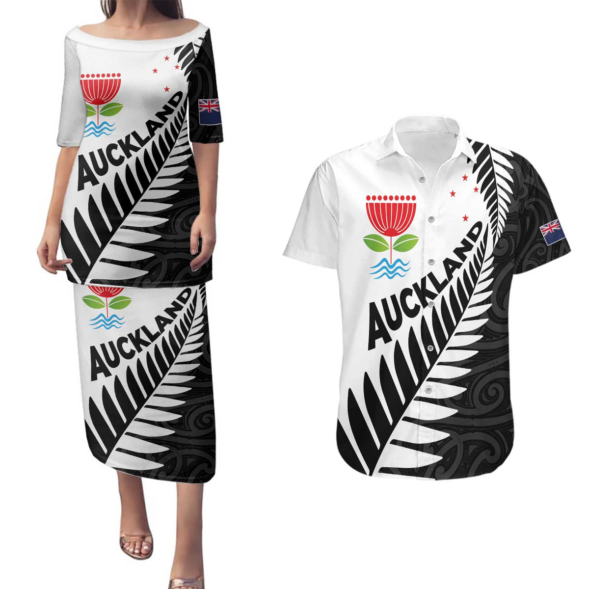 New Zealand Auckland Couples Matching Puletasi and Hawaiian Shirt Auckland's Emblem and Silver Ferns - Maori Art Tattoo LT03 Light Blue - Polynesian Pride