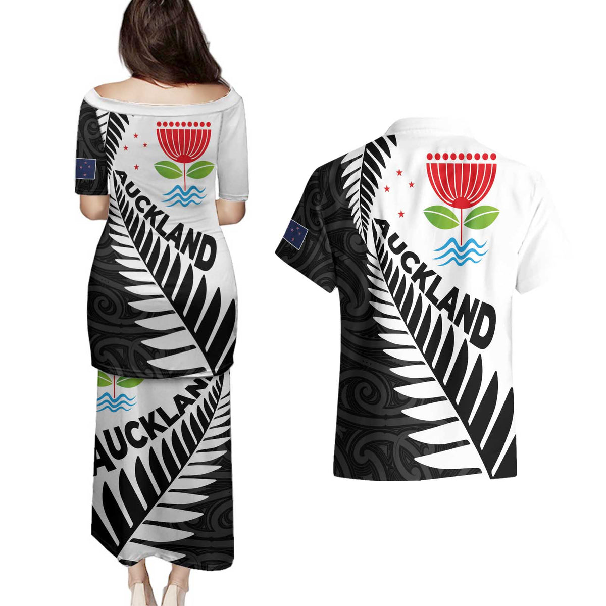 New Zealand Auckland Couples Matching Puletasi and Hawaiian Shirt Auckland's Emblem and Silver Ferns - Maori Art Tattoo LT03 - Polynesian Pride