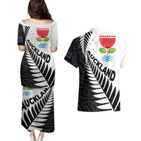 New Zealand Auckland Couples Matching Puletasi and Hawaiian Shirt Auckland's Emblem and Silver Ferns - Maori Art Tattoo LT03 - Polynesian Pride
