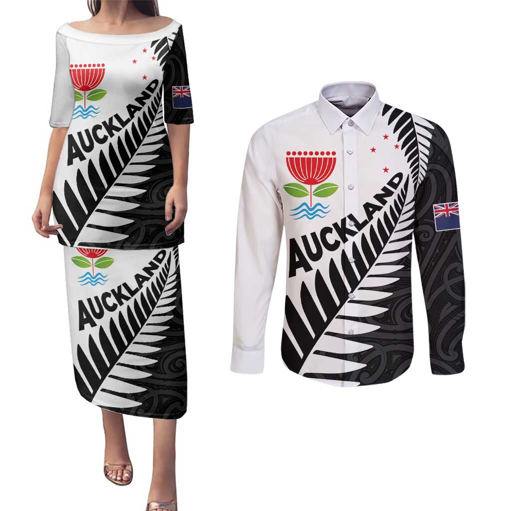 New Zealand Auckland Couples Matching Puletasi and Long Sleeve Button Shirt Auckland's Emblem and Silver Ferns - Maori Art Tattoo LT03 Light Blue - Polynesian Pride