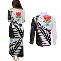 New Zealand Auckland Couples Matching Puletasi and Long Sleeve Button Shirt Auckland's Emblem and Silver Ferns - Maori Art Tattoo LT03 - Polynesian Pride