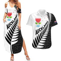 New Zealand Auckland Couples Matching Summer Maxi Dress and Hawaiian Shirt Auckland's Emblem and Silver Ferns - Maori Art Tattoo LT03 Light Blue - Polynesian Pride
