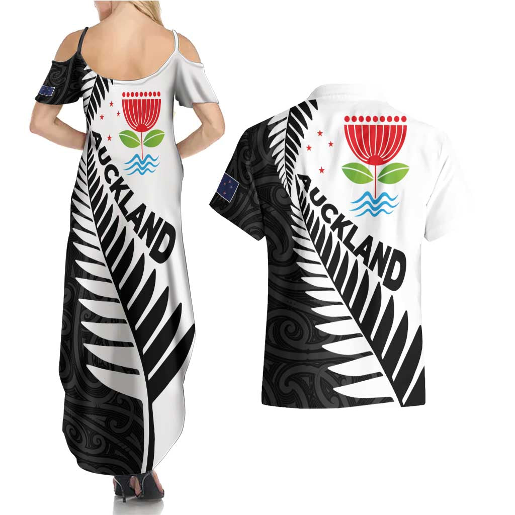 New Zealand Auckland Couples Matching Summer Maxi Dress and Hawaiian Shirt Auckland's Emblem and Silver Ferns - Maori Art Tattoo LT03 - Polynesian Pride